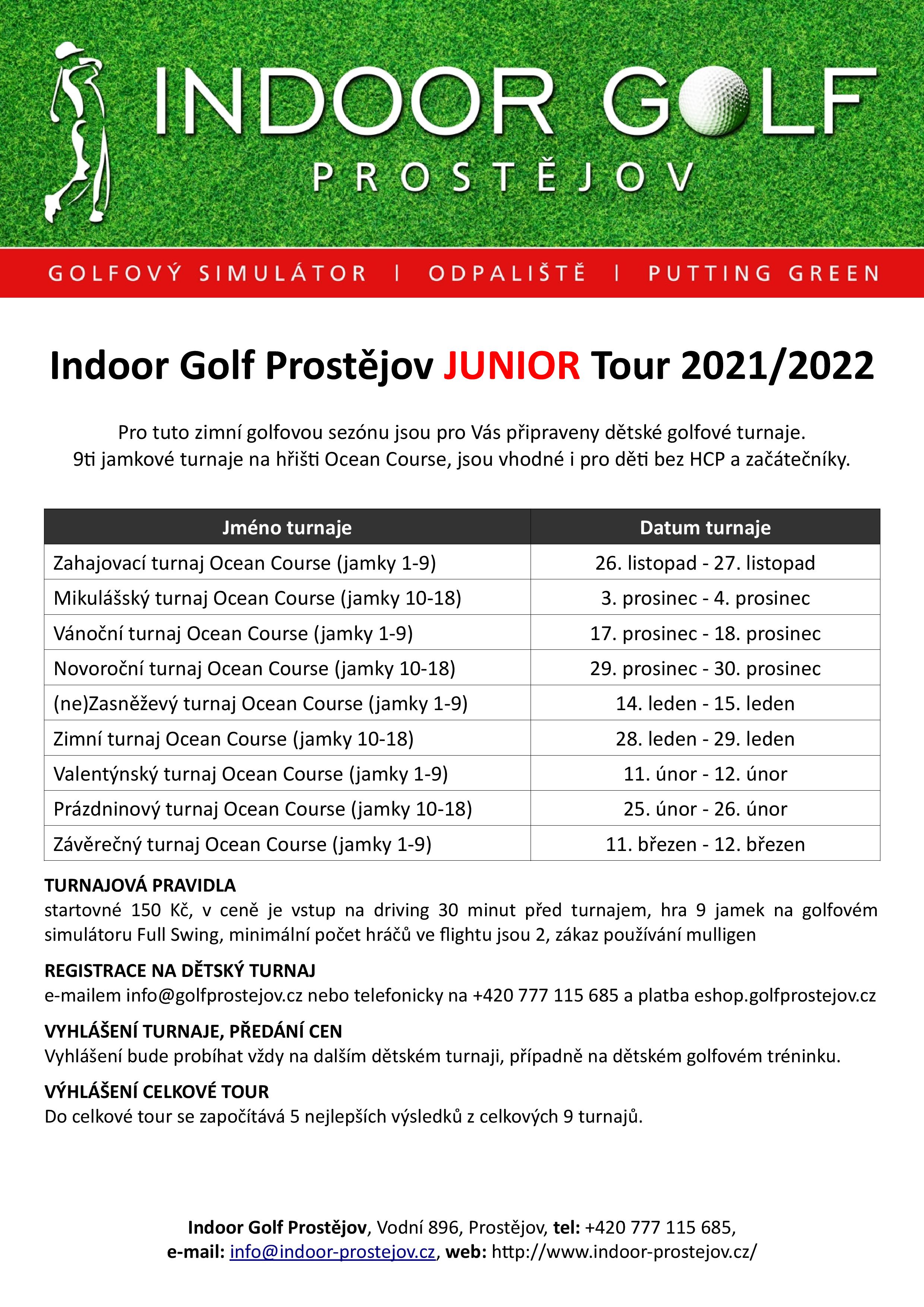 Juniorské turnaje na simulátoru Indoor Golf Prostějov 2021/2022